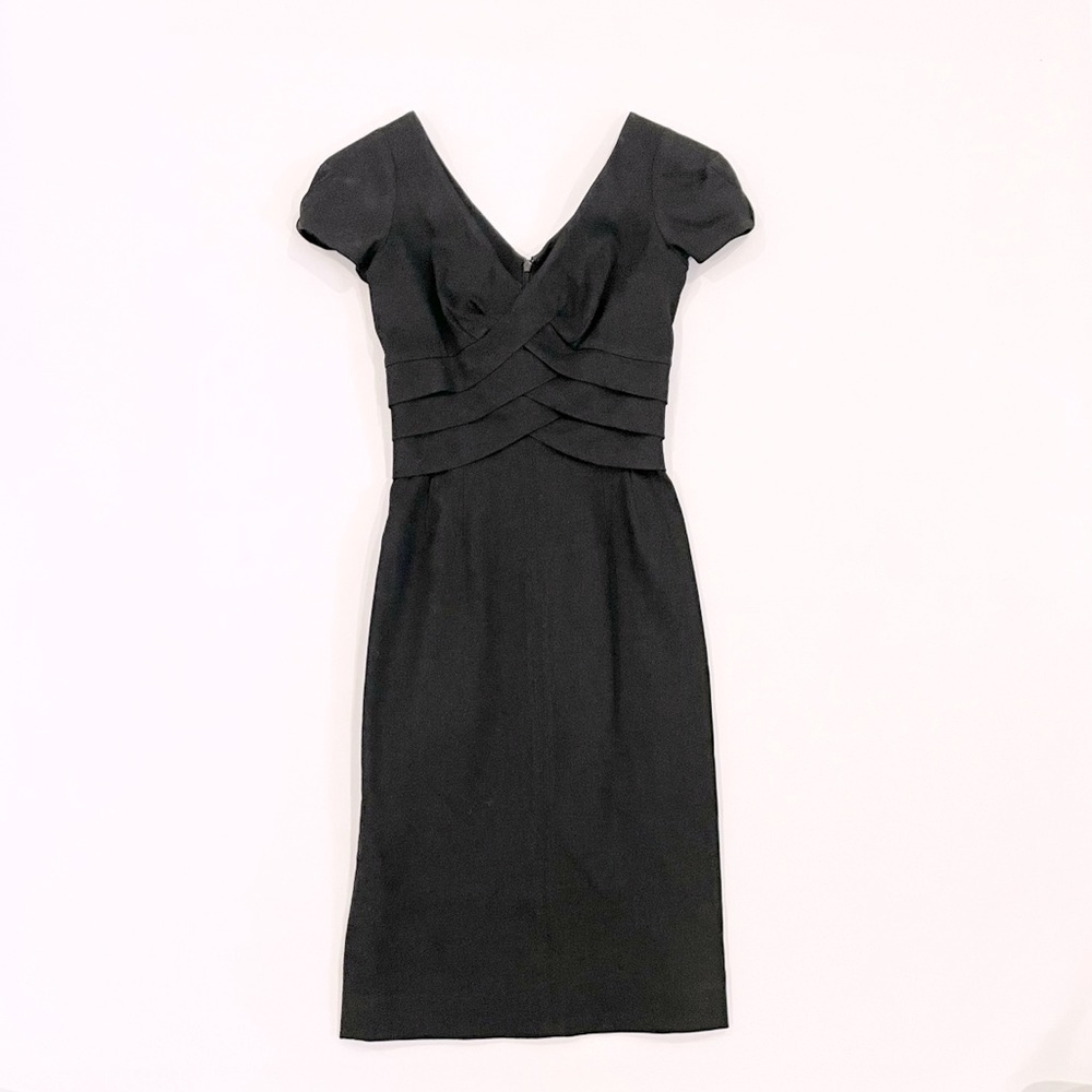 Rebecca Taylor Cross Front V Neck Wool Linen Midi Pencil Dress